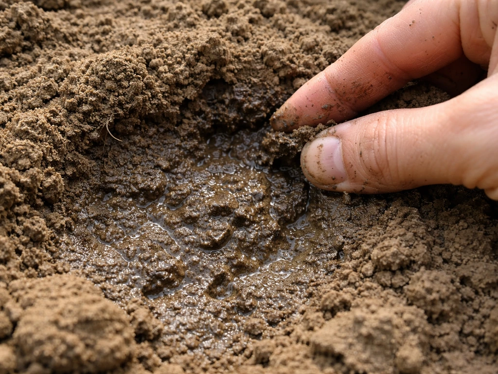 Sol argileux humide avec particules agglomérées formant une croûte compacte défavorable au gazon.