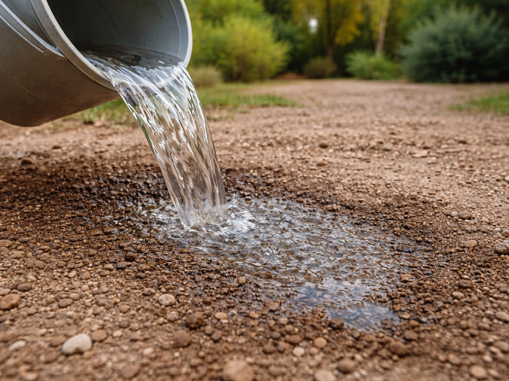 Un seau verse de l’eau sur un sol sec : on voit l’eau s’infiltrer plutôt que stagner.