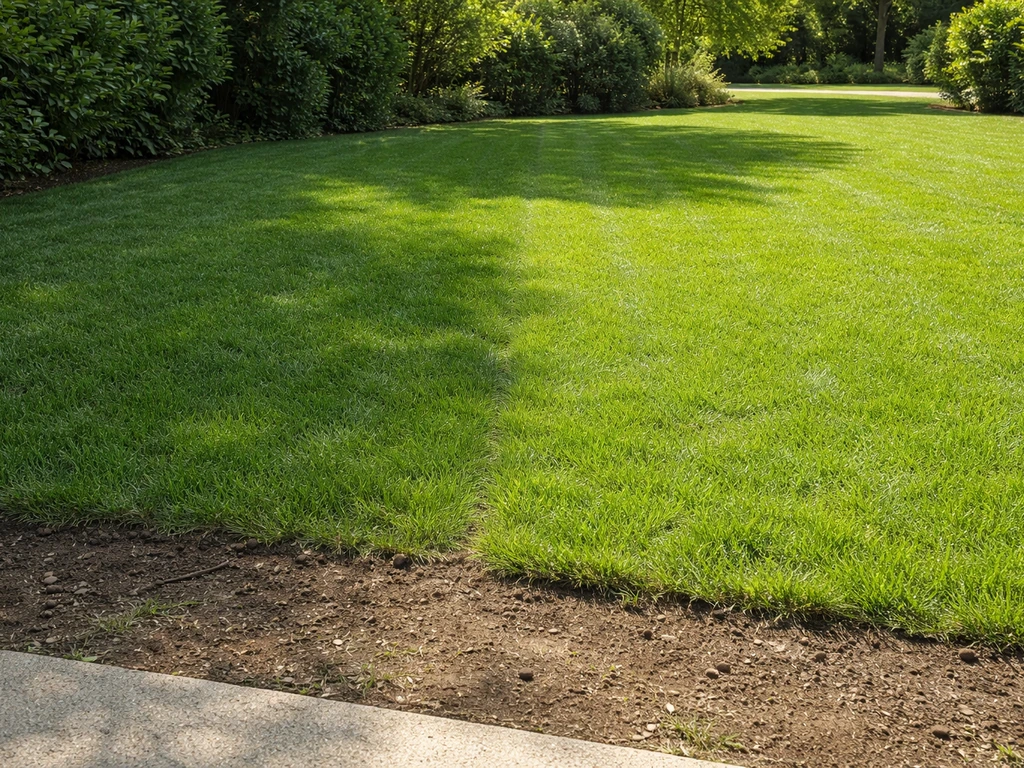 Deux zones de pelouse fraîchement installée : ombre et soleil, avec léger piétinement près d’une allée.