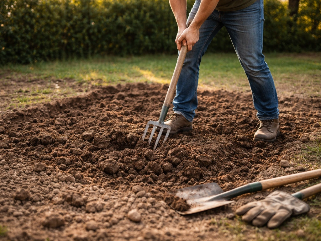 Une fourche-bêche retourne la terre compacte dans un jardin, préparation du sol avant culture.