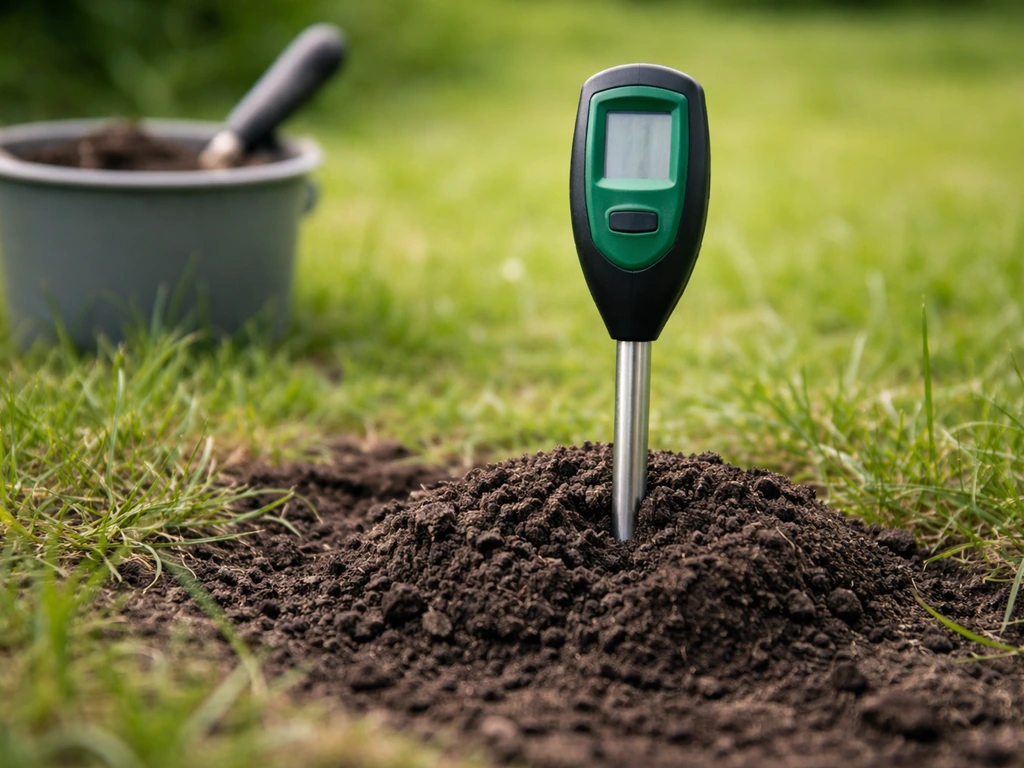Une sonde de mesure du pH plantée dans la terre près de la pelouse, avec un échantillon de sol en arrière-plan.