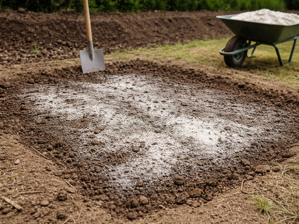 Sol excavé avec épandage de poudre d’amendement calcaire et préparation avant travail du sol.