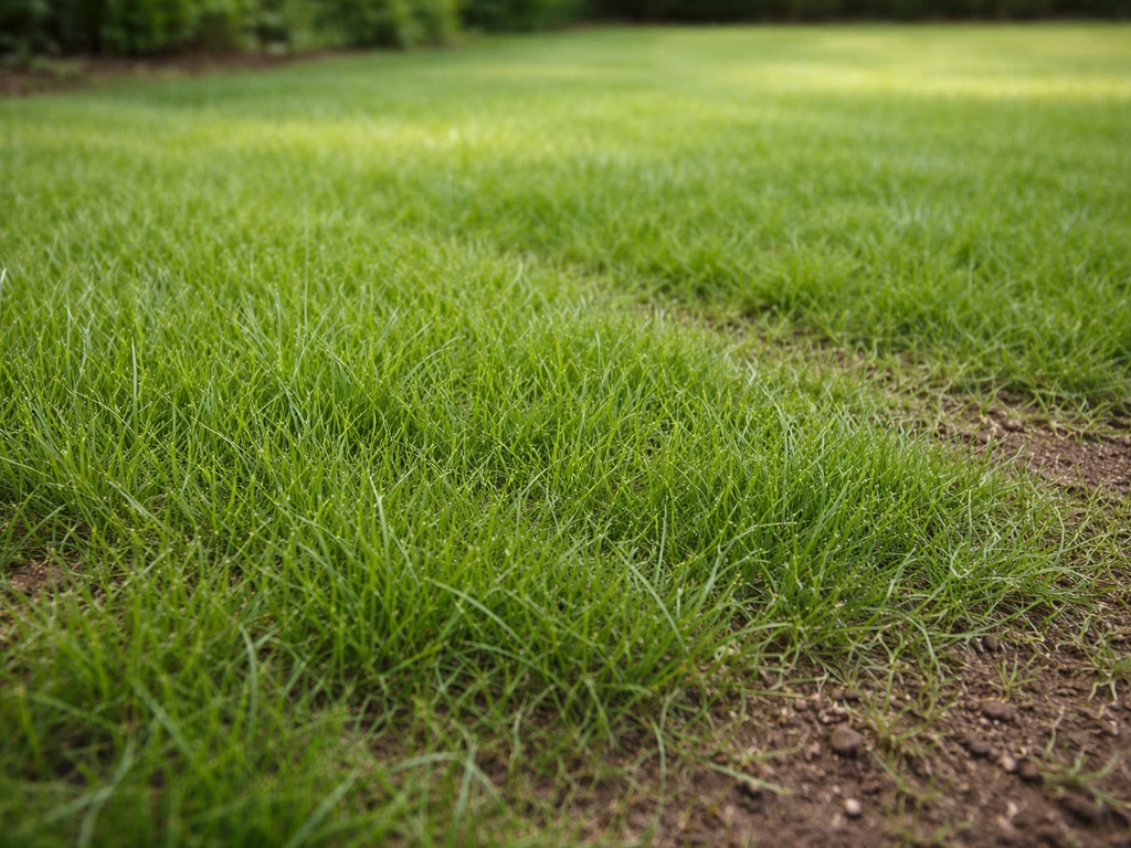 Jeune pelouse verte et dense sur un sol brunâtre, avec graminées fines adaptées aux sols acides.