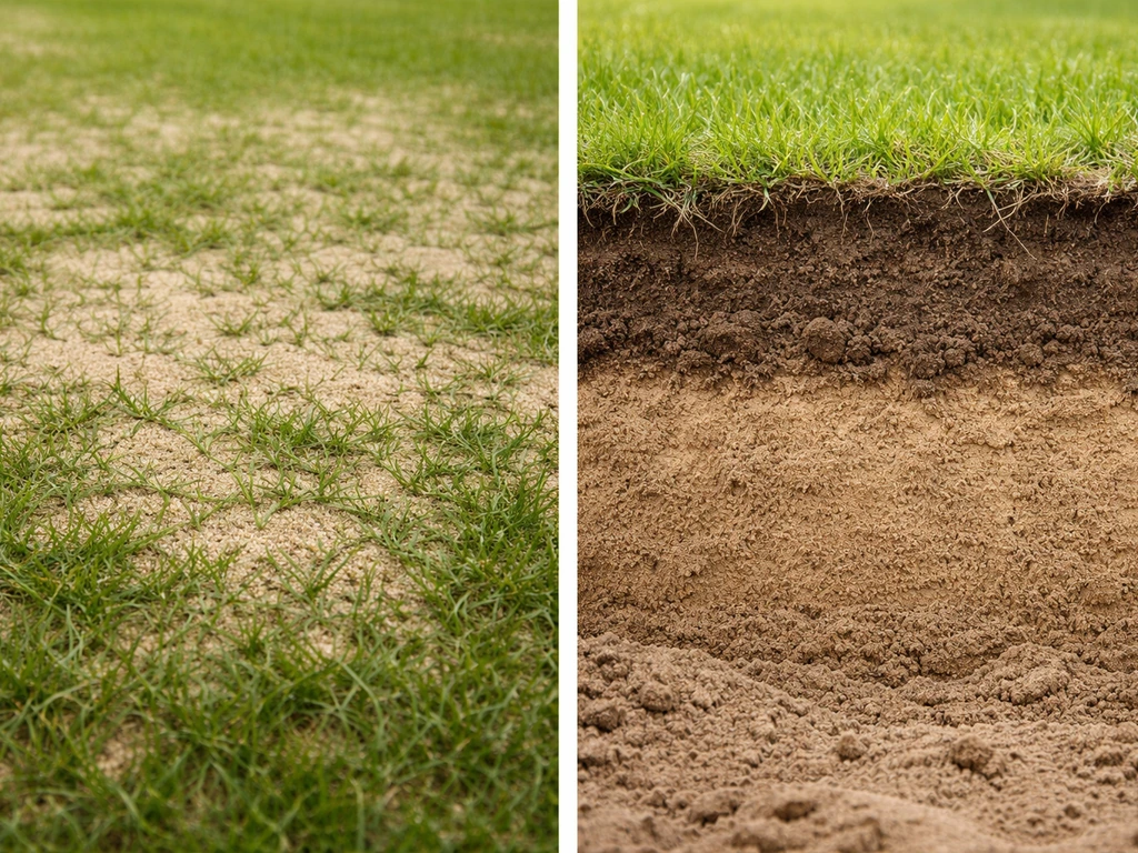 Comparaison photo d’une pelouse avec sable en surface et d’une coupe de sol montrant du sable en profondeur.
