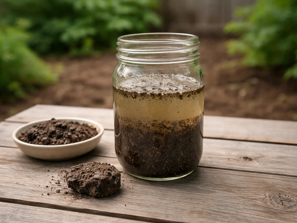 Sur une table de jardin, trois tests de sol maison : bocal avec terre et eau, échantillon humide, et main près du sol.