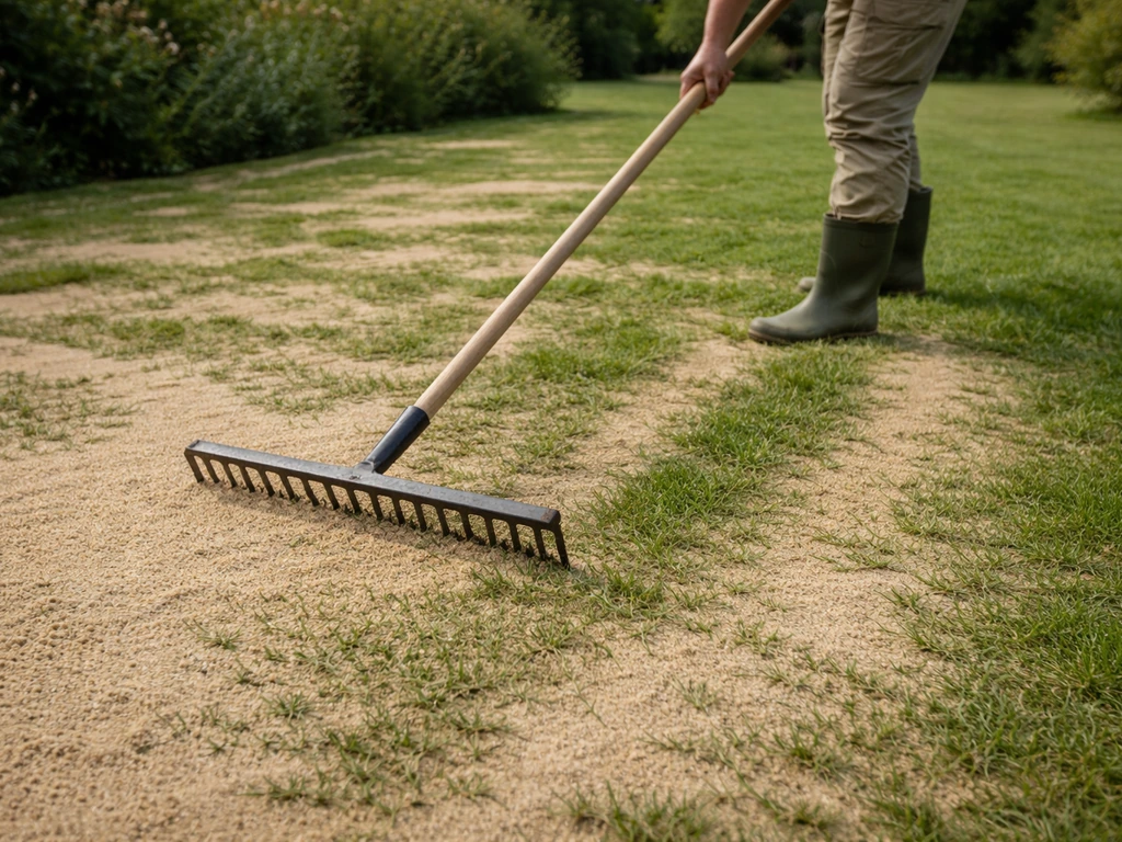 Une main ratisse une pelouse existante pour redistribuer le sable et éviter d’enterrer l’herbe.