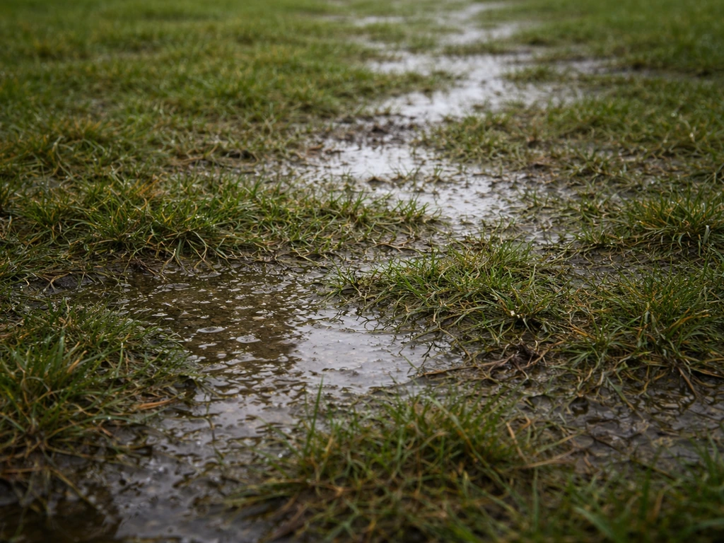 Pelouse détrempée avec flaques persistantes et sol spongieux sur une zone de terrain humide.