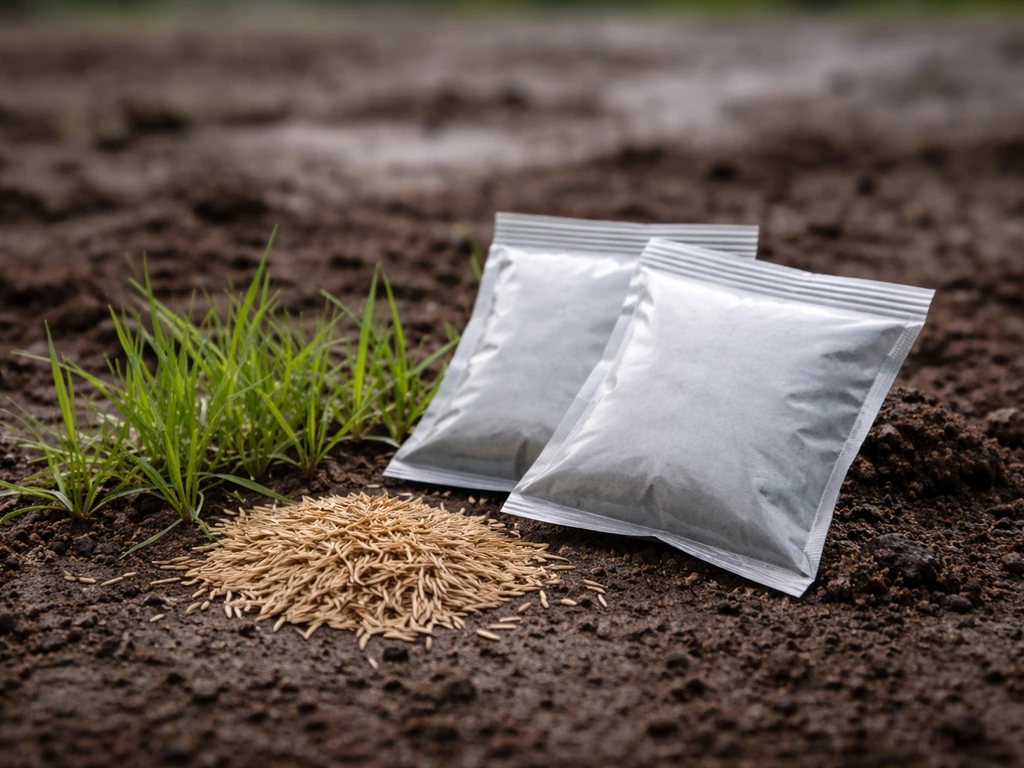 Sacs de semences de ray-grass anglais près d’un sol humide, avec une graminée fraîche en arrière-plan.