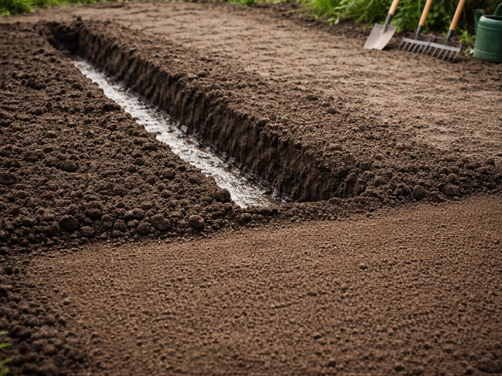 Tranchée et surface nivelée, sol humide prêt pour le semis dans un jardin en aménagement.