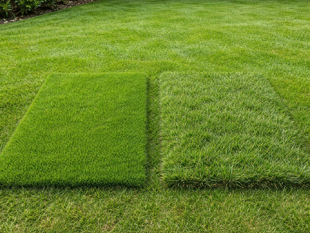 Comparaison de deux pelouses : texture très fine type golf contre pelouse rustique plus grossière