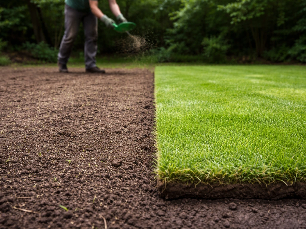 Gazon : semis à gauche et rouleaux alignés à droite, deux zones distinctes dans une cour.
