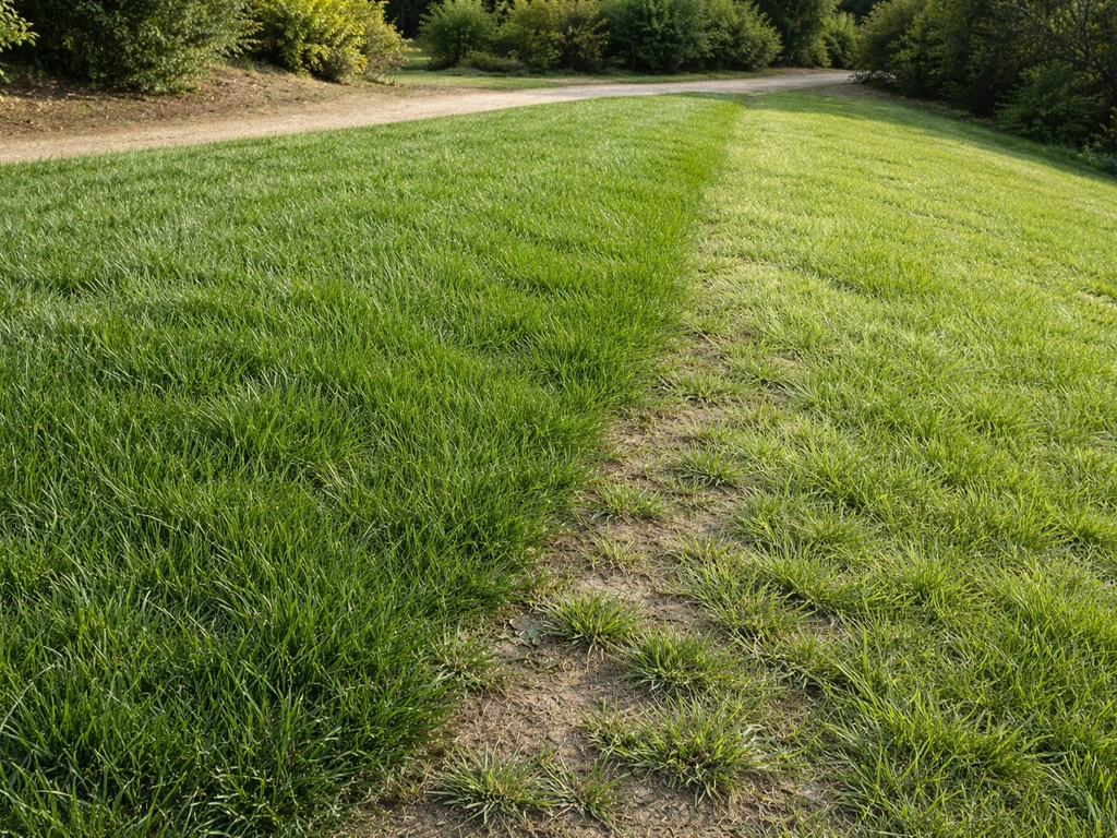 Gazon sur talus en pente comparé : fétuque dense face au ray-grass plus fin, vue réaliste au jardin