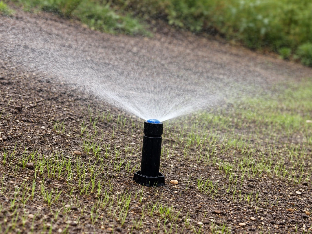 Arroseur sur talus après semis, pluie fine humidifiant la surface sans ruissellement visible.
