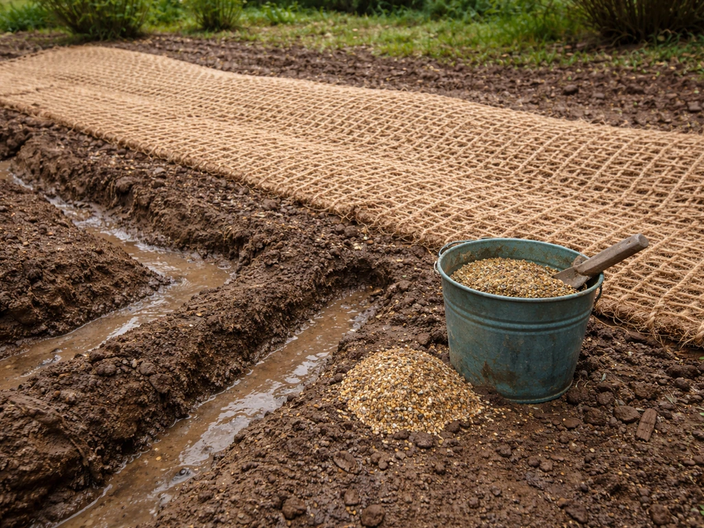 Rigoles sur un talus après la pluie, comblées de mélange et protégées par une bionatte anti-érosion.