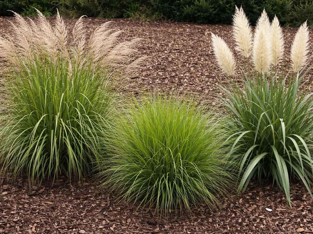 Siertuin met herkenbare siergras-pollen: miscanthus en pampasgras, met bladen en pluimen in beeld.