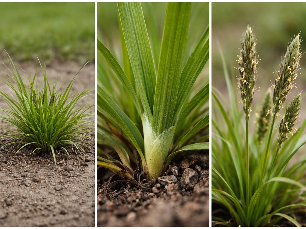 Macrofoto van één plant: pol/groeivorm, blad met bladbasis/ligula en aren als bloeiwijze, scherp en helder.