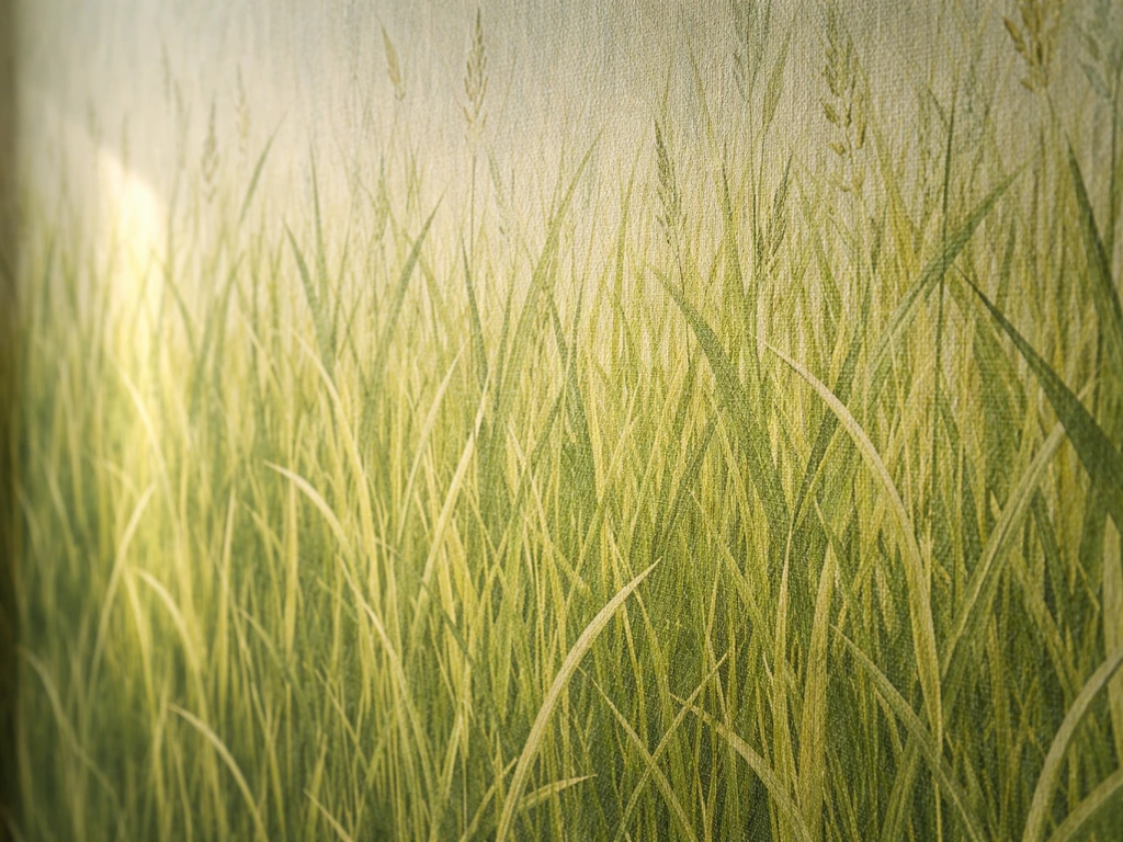 Close-up van gras wallpaper op een muur met weideachtig grasmotief en duidelijke textuur in natuurlijk licht.
