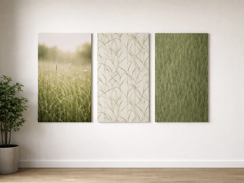Drie behangsegmenten naast elkaar: weide-fotobehang, herhalend gras/bamboe-patroon en 3D-gras textuur.