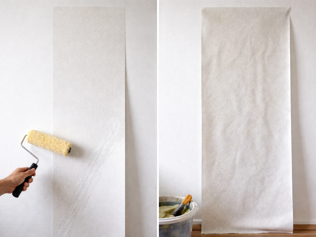 Links vliesbehang met lijmroller op muur; rechts papierbehang met lijm op de baan en net ingeweekt.