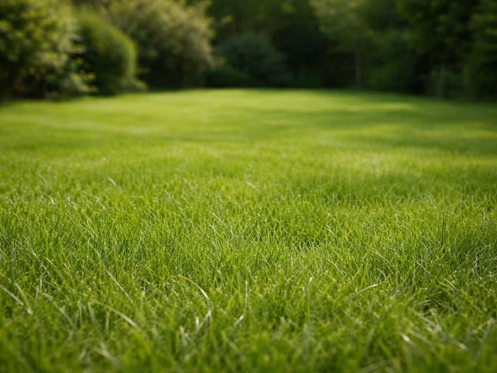 Kleine tuin met groen gras en een beplant randje, subtiele scène die ‘grass’ als plant en als veld toont.