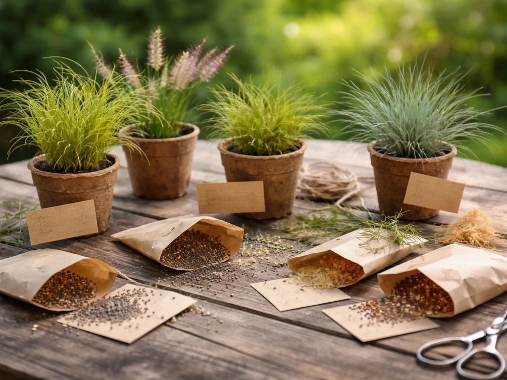 Close-up van zaadzakjes en potjes met siergrassen op een tuintafel, met naamkaartjes ervoor.