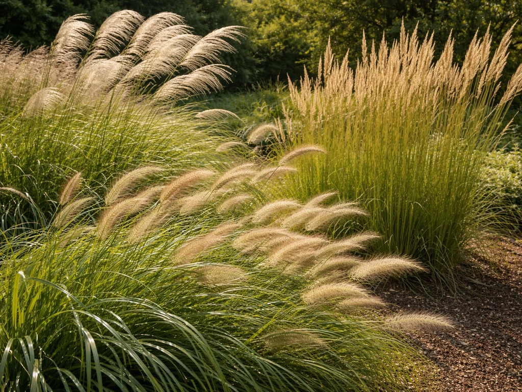 Siergrassen zoals Miscanthus, Pennisetum en Calamagrostis in een Nederlandse tuinborder, dramatisch in de wind.