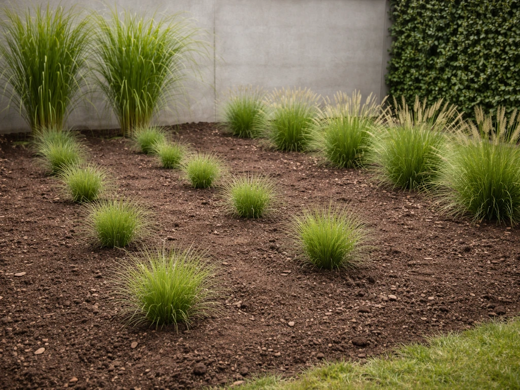 Voorbeeldborder met siergrassen op verschillende hoogtes en duidelijk zichtbare plantafstanden in de grond.