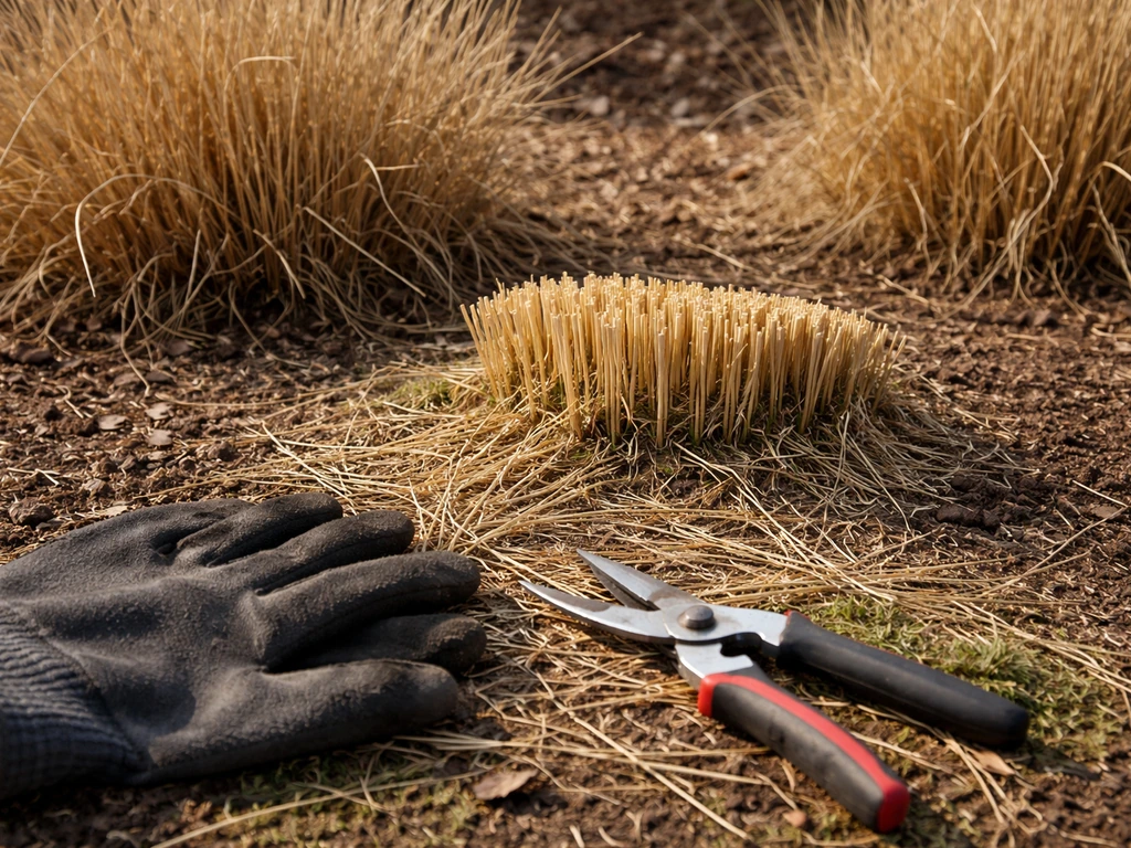 Siergraspollen in wintertuin, snoeihandschoenen en schaar bij een pol die tot 10–25 cm is teruggeknipt.