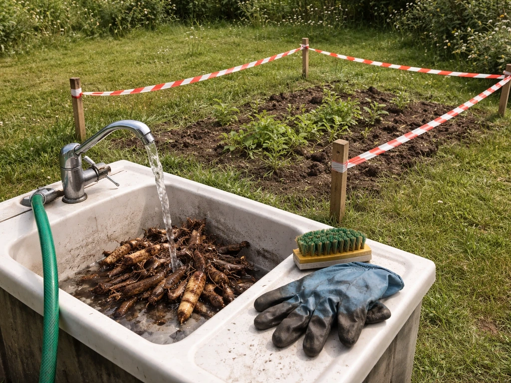 Bermperceel met afbakening en een schone wasbak met handschoenen en borstel voor veilig schoonmaken van rhizomen.