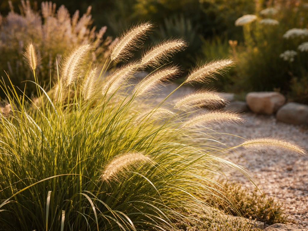 Close-up van een siergrassenpol met windbeweeglijke aren in een zonnige Nederlandse tuin, mediterraan sfeerlicht.