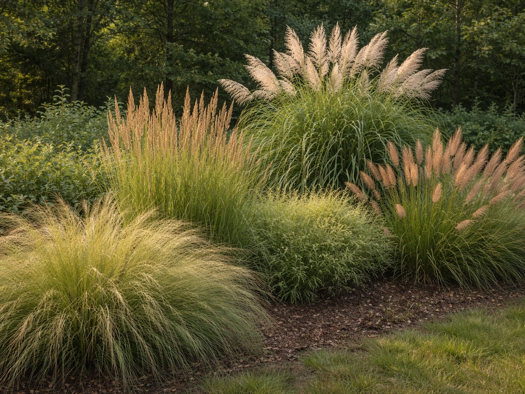 Overzicht van verschillende siergrassen (Stipa, Calamagrostis, Miscanthus, Pennisetum) naast elkaar in een tuinborder.
