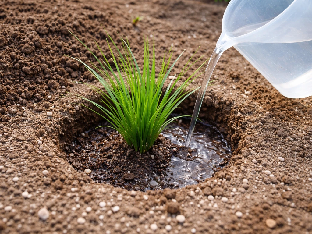 Siergrasaanplant in een plantgat met doorlatende mix (grof zand/perliet) en eenvoudige watergeefopstelling