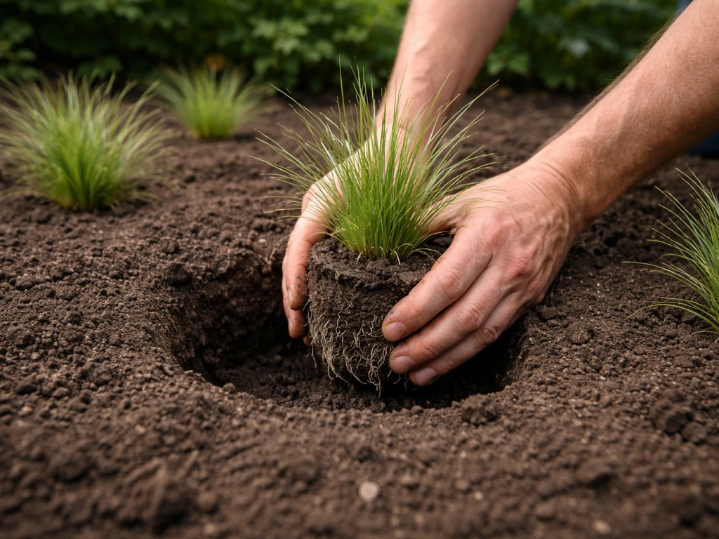 Handen die een siergrasplant in een plantgat plaatsen, kluit losmaken en voorzichtig aandrukken