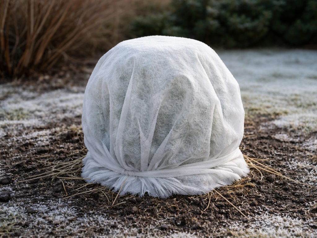 Jonge siergraspol met vliesdoek-winterbescherming in een tuin, met vorstige grond en zachte winterlichtval.