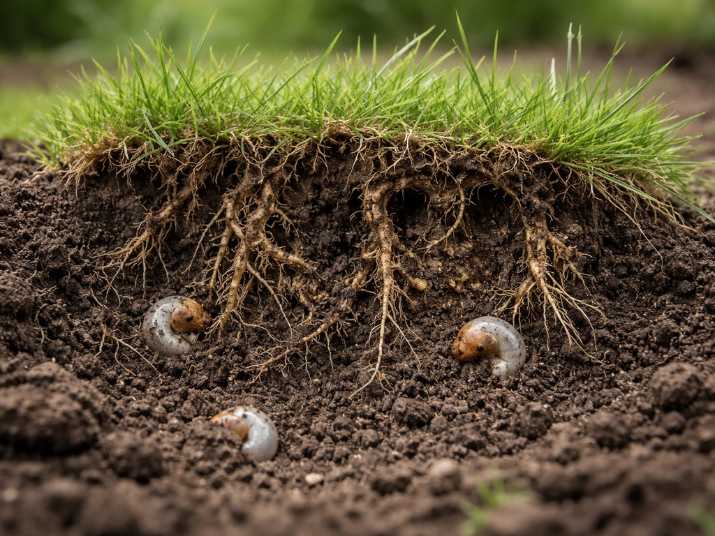 Close-up van graswortels met wortelschade in de grond, met zichtbare sporen van engerlingen
