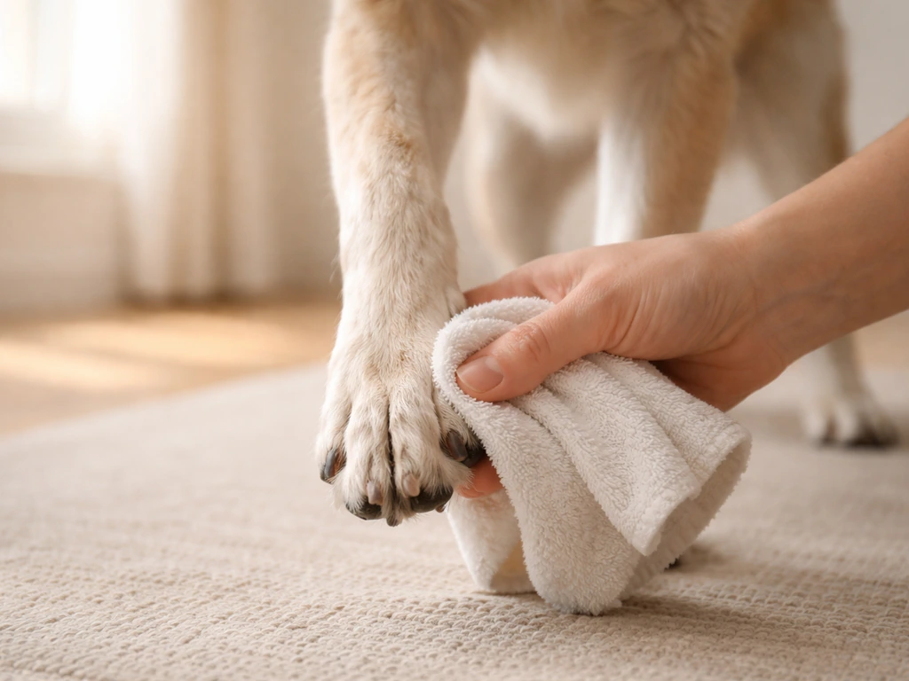 Close-up van het controleren van de pootjes van een hond na een wandeling met een vochtige doek.