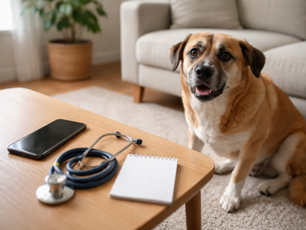 Anonieme hond met benauwde houding, telefoon en hondenriem op tafel—moment om de dierenarts te bellen.