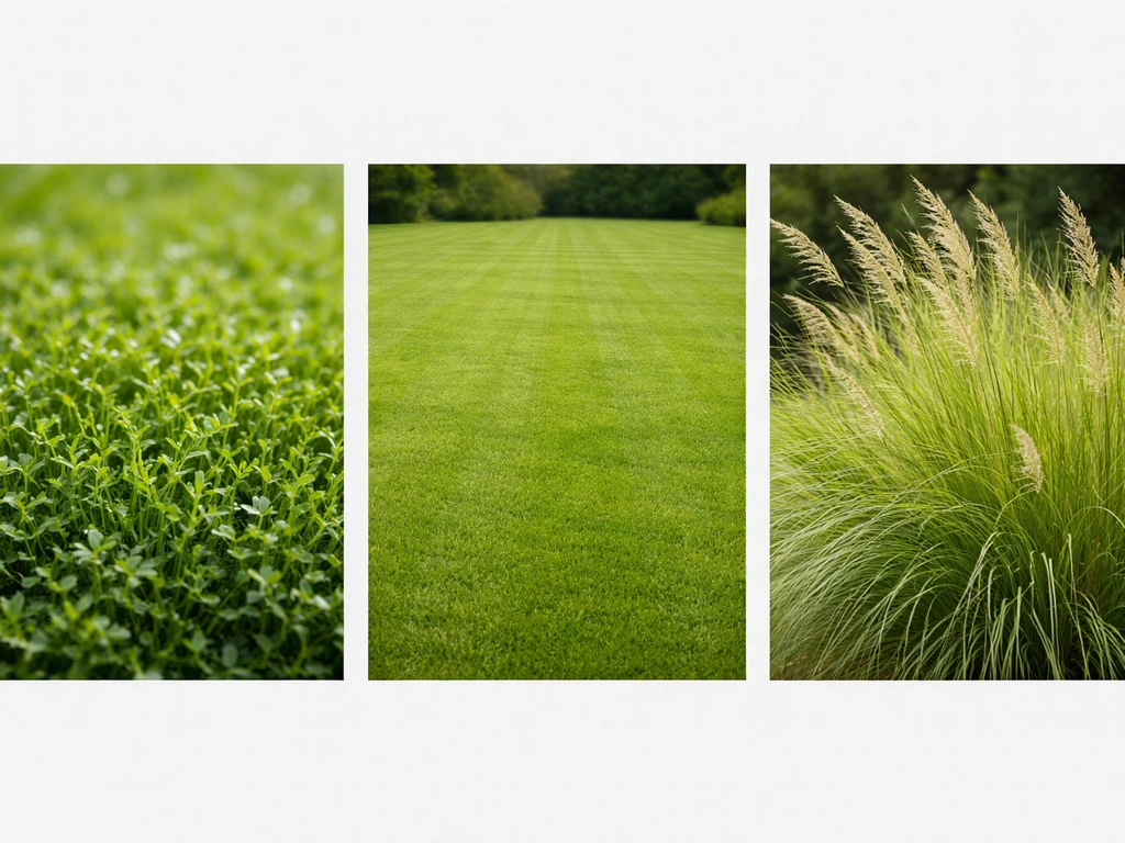Drie naast elkaar geplaatste grasvoorbeelden: wilde herbe, strak pelouse-gazon en siergras met pluimen.