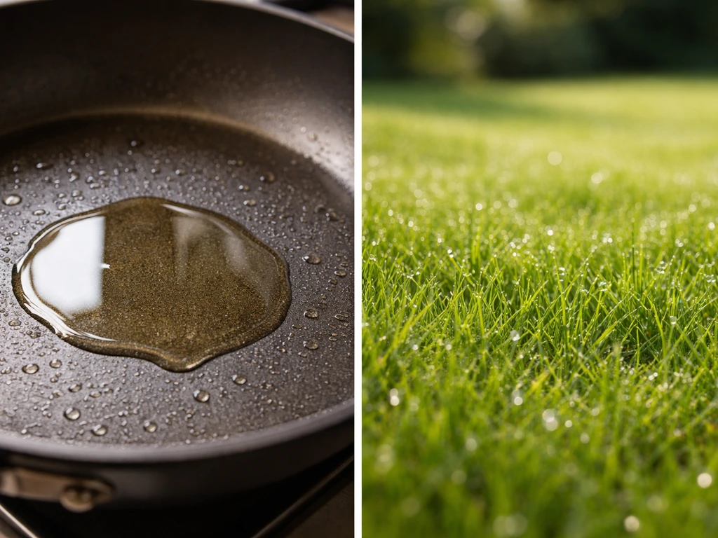 Linksonder een glanzend vetuitziende braadpan, rechts een groene grasmat met verschil in betekenis.