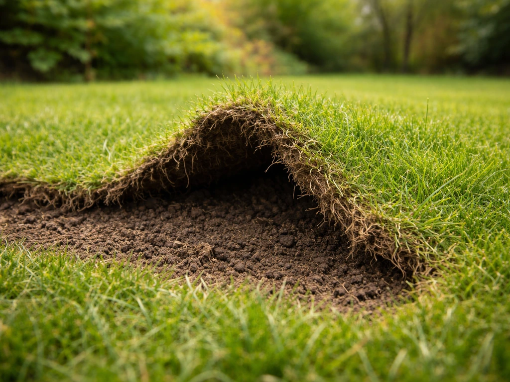 Losgetrokken graszoden in een Nederlandse tuin; je ziet de ondergrond en het gras laat los.