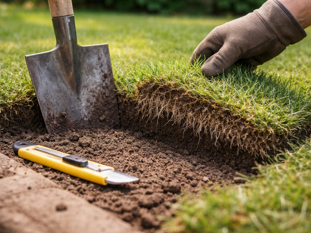 Stanleymes dat dwars door loslatende graszode in de grond wordt gestoken, met zicht op wortelzone