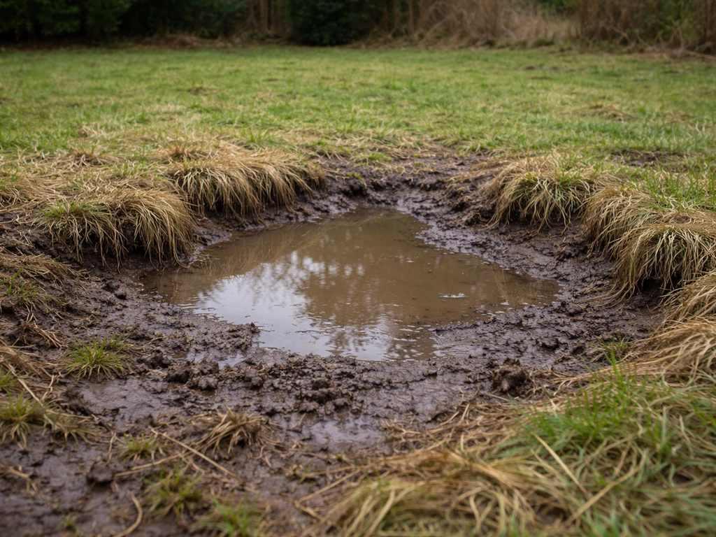 Natte, modderige plek in de tuin met water dat langer blijft staan en loslatend gras eromheen.