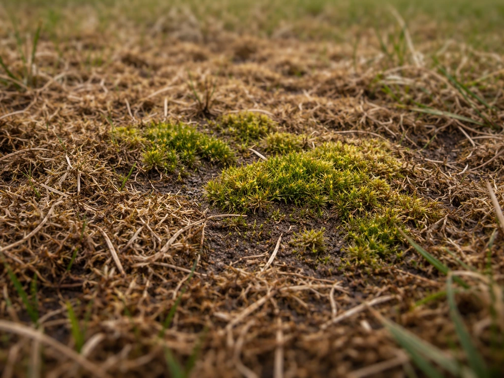 Close-up van een gazon: bruine viltlaag boven de grond met mos dat erdoorheen begint te groeien.
