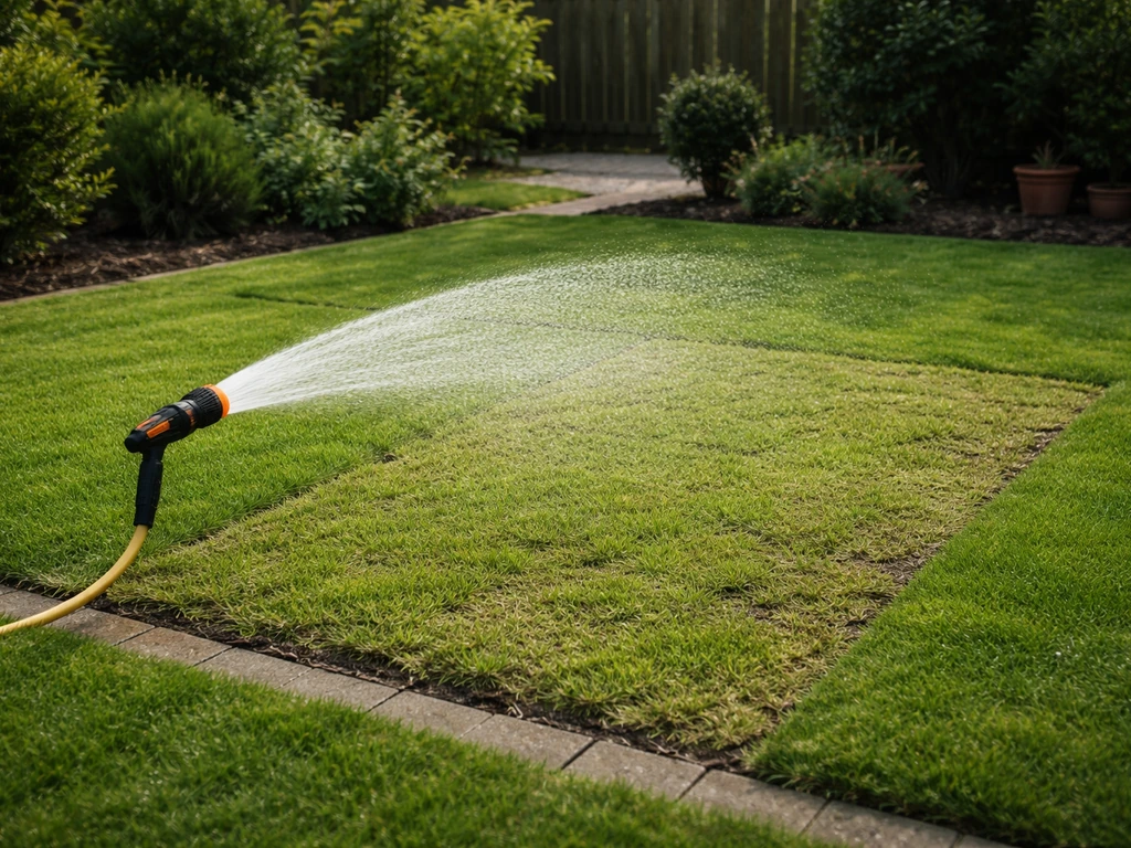 Gerichte sproeier op een herstelde grasplek, zichtbaar vochtig nieuw gras in een rustige tuin.