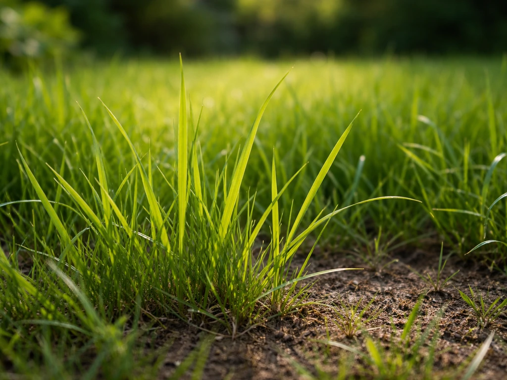 Close-up van grassprieten in een tuin, met enkele soorten grassen in zachte achtergrond voor herkenning
