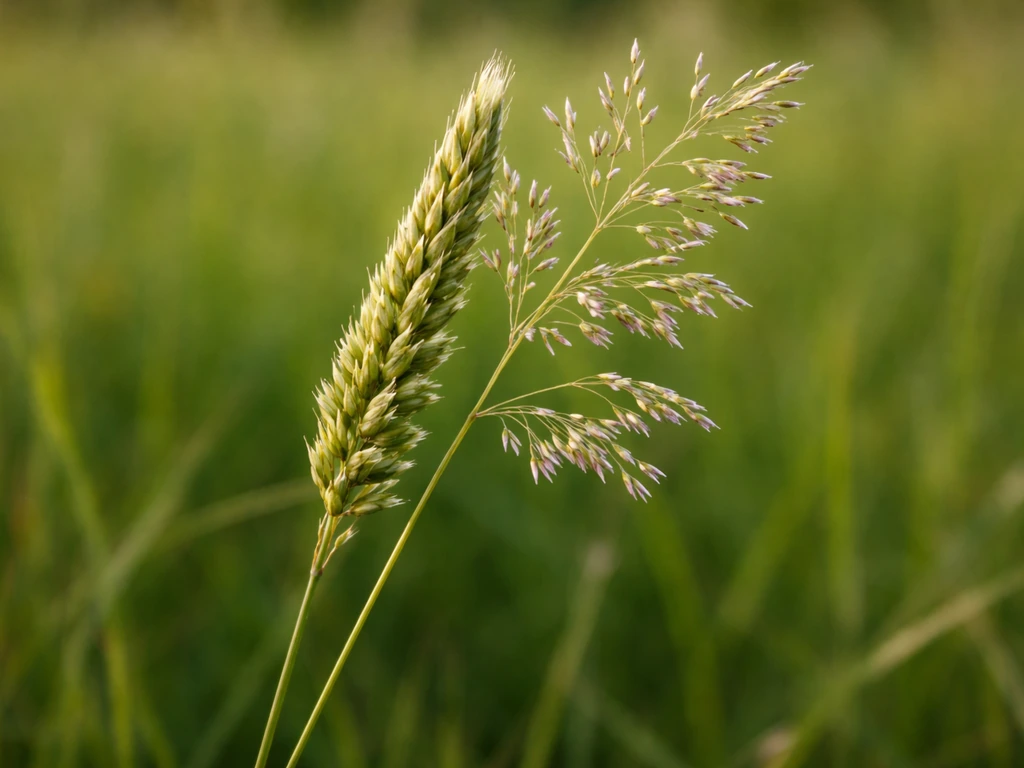 Scherpe close-up van grasbloeiwijze met losse aartjes in aar en pluimvorm, natuurlijk buitenlicht.
