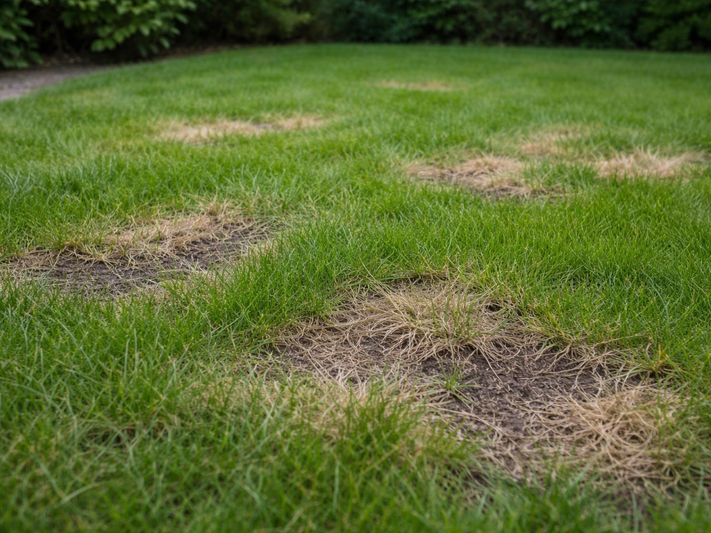 Nederlands gazon met lichte beschadiging die aan gras hoper doet denken, in natuurlijk daglicht.