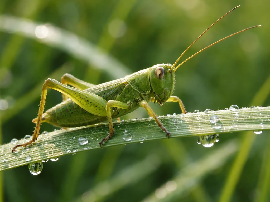 Close-up van een sprinkhaan/nimf op gras, scherp en duidelijk zichtbaar met karakteristieke houding en vormen.