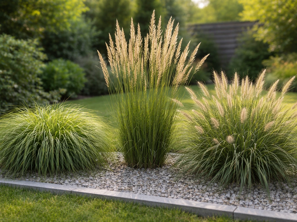 Drie naast elkaar geplante siergrassen in een tuinborder, met verschillende herkenbare vormen.