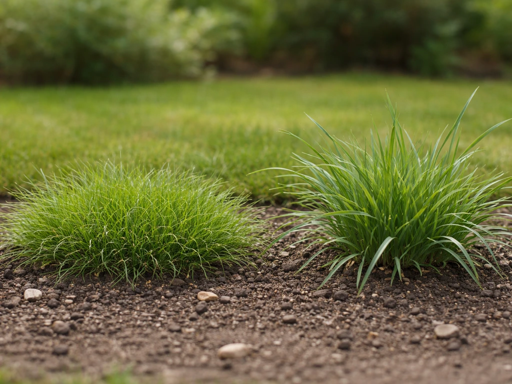 Twee grasachtige plantjes naast elkaar in een tuinborder: straatgras-achtig links en kweekgras-achtig rechts.